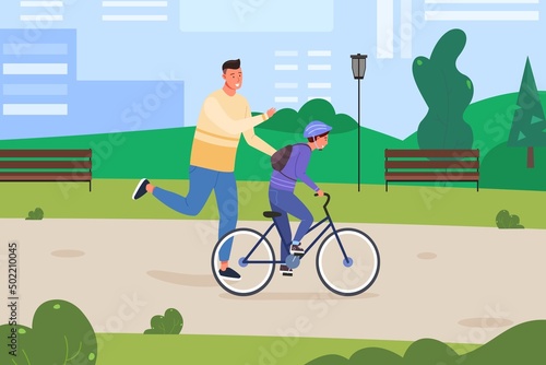 Father teaching ride bike. Cartoon baby cyclist in helmet on bicycle park road, parent teach son cycle riding, dad learn kid to pedal