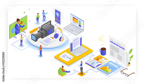 Broadcast and print journalism, vector isometric illustration. Radio television broadcasting. Press media. Polygraphy.