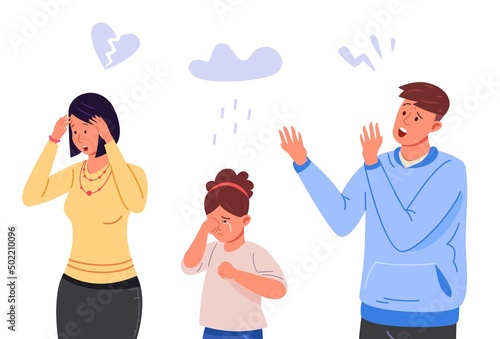 Parental divorce. Parents conflict, family quarrel between husband and wife, couples marriage problems, cry kid daughter sad mother angry father, vector illustration
