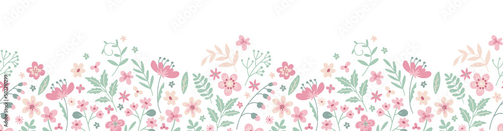 Fototapeta premium Floral border seamless pattern. Cute horizontal banner with hand drawn spring flowers. Vector illustration on white background