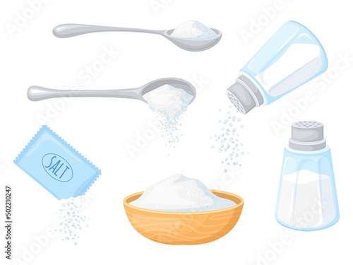 Cartoon pouring salt. Spoonful glass saltshaker, sodium foods condiments bottle salty shaker pour white salted crystal powder sugar season cellar salting, neat vector illustration