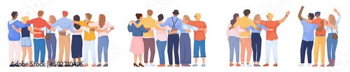 Teamback friends. Vistas behind teamwork group, stand people back unity friends or partners hugging family together support friendship diverse team gang, swanky vector illustration