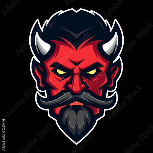 Logo demon, devil, Satan, monster. Halloween art in a flat style. Sport mascot, e-sports label. Vector illustration.