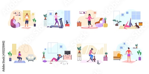 Woman cardio training. Exercising weights and fitness practicas gym, girl jump with rope, healthy exercise on treadmill, dumbbells workout, women sport, garish vector illustration