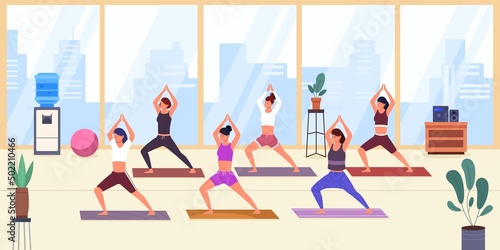 Yoga aerobics class. Funny meditate exercise with fitness coach, physical retreat pranayama, women active pilates group, sport gym scuola zen buddhist, garish vector illustration