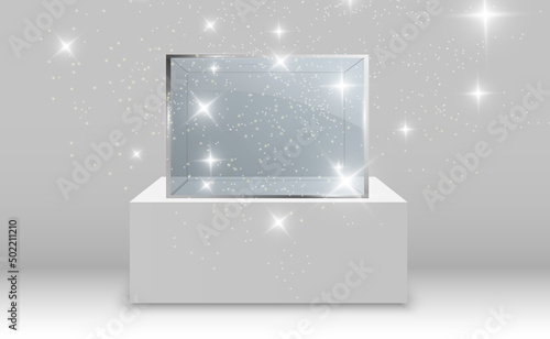 Glass showcase for the exhibition in the form of a cube. Background for sale illuminated by spotlights. Museum glass box isolated advertising or business design boutique. Exhibition hall.