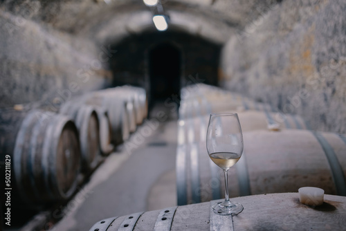 Wine cellars with barrels, traditional wine called Bikaver near Eger, Hungary photo