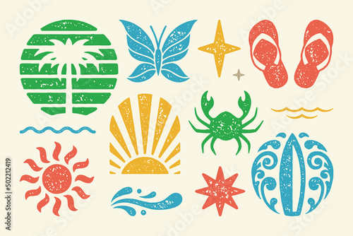 Summer symbols and objects set vector illustration. Summer sandals with sea crab and rising sun