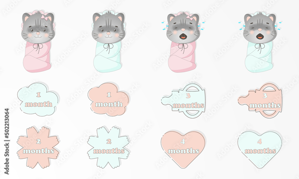 set of baby animals. From one to four months little baby kitten. Cute baby monthly stickers. For girl and boy set of baby animals. From one to four months little baby kitten. Cute baby monthly stickers. For girl and boy