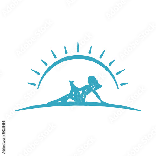 Relaxed woman with cocktail sunbathing on beach at abstract sun arch with beams grunge texture