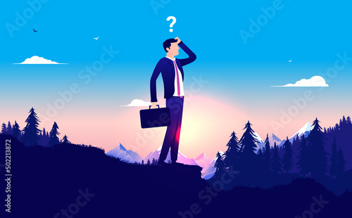 Business uncertainty - Businessman standing alone scratching his head with question mark. Vector illustration