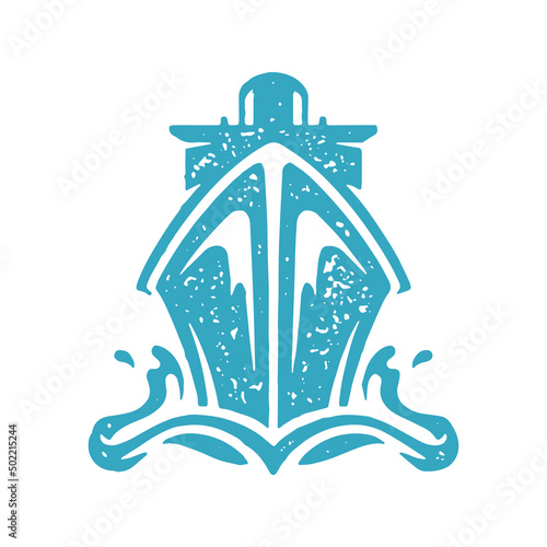 Hand drawn passenger cruise ship cargo vessel floating at sea waves front view blue grunge texture