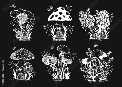 mushroom house vector chalk on black background. fantastic mushrooms with windows and doors vector hand drawing. mushroom house coloring vector doodles. eps	
