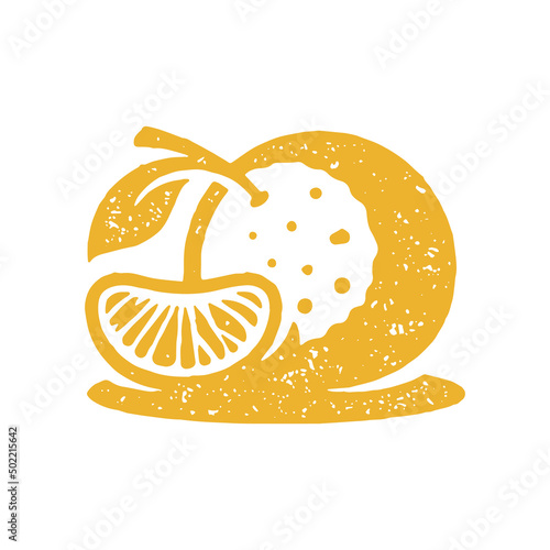 Hand drawn fresh whole and lobule ripe orange with twig leaf yellow minimalist design grunge texture