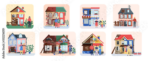 Home house repair renovation service. Before and after creative concept, restoration of old building. Contractor standing in front of home before and after overhaul. Reconstruction of cottage facade