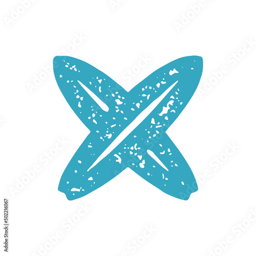 Professional surfing extreme sports logotype with two crossed surfboard blue grunge texture
