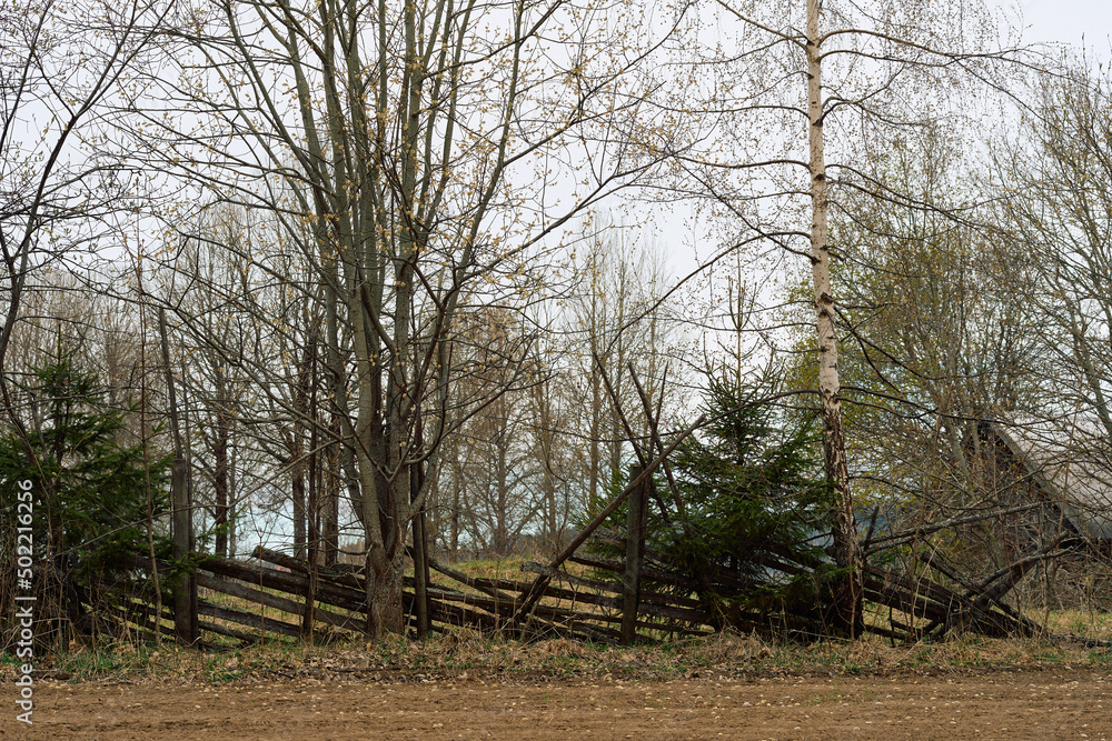 broken fence in the cultural landscape of Biri, Oppland, Norway, in spring