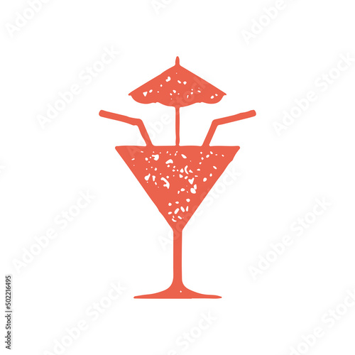 Romantic couple cocktail in goblet with two straw umbrella hand drawn decorative red grunge texture