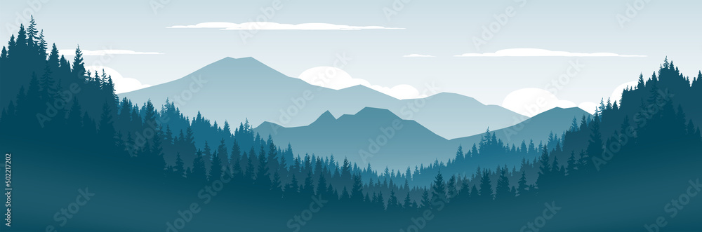 Fototapeta premium Vector illustration of a natural forest background. The landscape of mountains and pine forests at sunset.