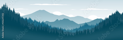 Vector illustration of a natural forest background. The landscape of mountains and pine forests at sunset.