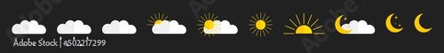 Weather forecast icons. Weather icons isolated on black background. Climate signs. Meteo symbols. Meteorology set with sun, rain, snow and cloud signs. Vector.