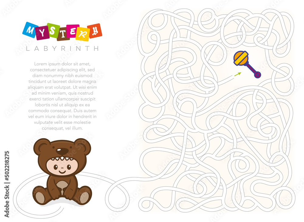 Vector educational maze with little baby in teddy bear costume. Cute cartoon teddy bear looking for a baby rattle. Vector educational maze with little baby in teddy bear costume. Cute cartoon teddy bear looking for a baby rattle.