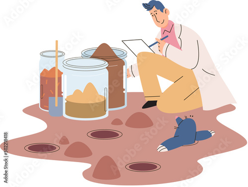 Soil analysis and earth pollution metaphor or structure control. Nutrients microorganism composition research ground layer structure sample. Soil laboratory test. Scientist measuring levels status