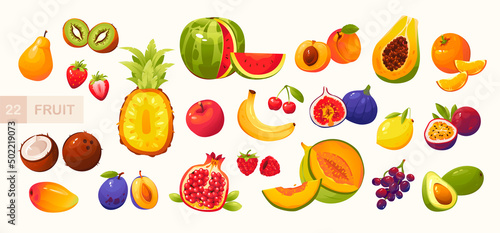 Fototapeta Naklejka Na Ścianę i Meble -  Fruits and berries vector illustration in cartoon style.
Apple, pear, pineapple, strawberry, cherry, banana, coconut, lemon, pomegranate, melon,
avocado and other fruits. Juicy summer fruits. Vector