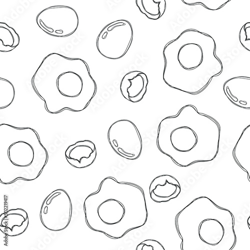 Hand draw seamless chicken scrambled egg pattern. Continuous line illustartion