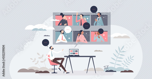 Virtual business event and video call connection for team tiny person concept. Distant company employees meeting and discussion as smart online solution for remote communication vector illustration. photo
