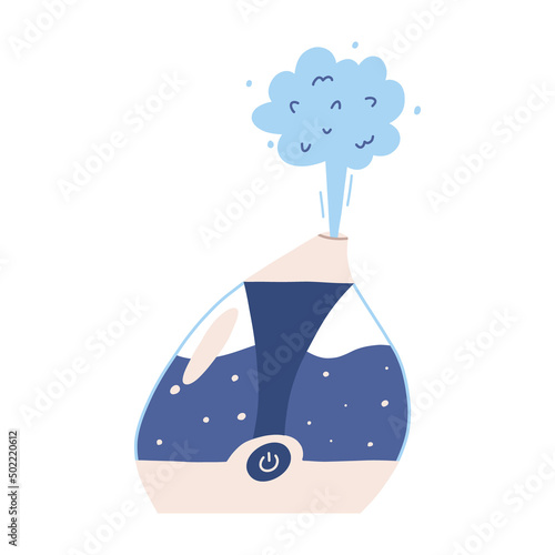 Air humidifier with steam and bubbles, flat vector illustration isolated on white background. Home appliance for healthy lifestyle. Electrical equipment for aromatherapy.