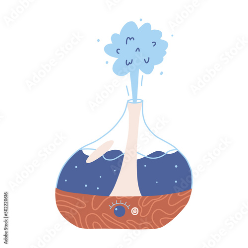 Cute air humidifier with fresh steam, flat vector illustration isolated on white background. Hand drawn electrical equipment for room humidifier and aromatherapy. Home appliance item.