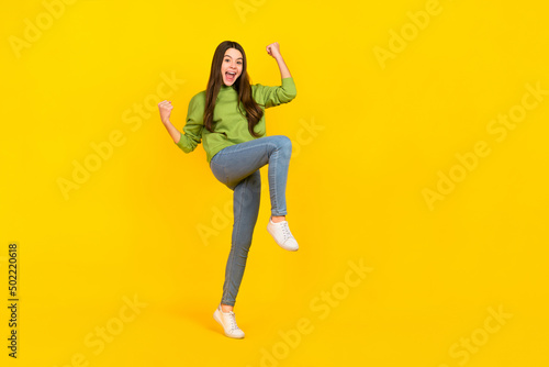 Fototapeta Full size photo of young pretty excited girl rejoice luck discount fists hands t