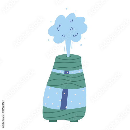 Cartoon aroma diffuser with steam and water, flat vector illustration isolated on white background. Hand drawn home appliance for fresh and clean air. Aromatherapy concept.