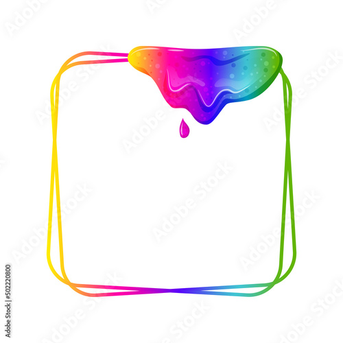 Flowing rainbow slime square frame. Dripping toxic viscous liquid on a black background. Vector cartoon illustration. 