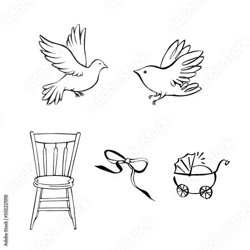 Vector illustration set - doves, pigeon, chair, ribbon, baby buggy. ideal for wedding cards. pen illustration, line illustration. 
