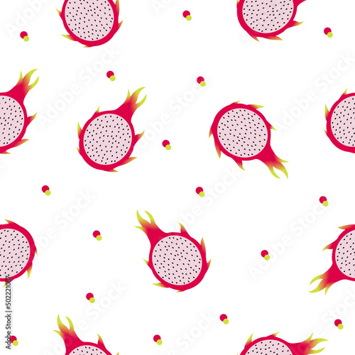 Dragon fruit seamless pattern. Organic fresh food vector illustration. Retro pitaya fruit background.