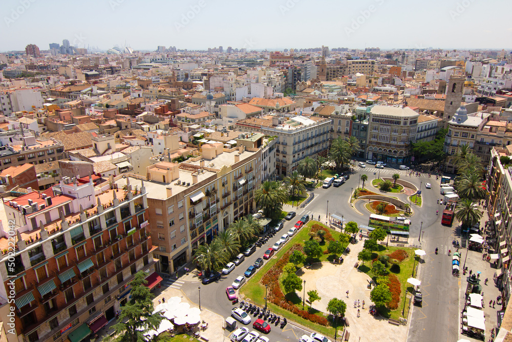 View of old town of Valencia from the tower Miguelete of Valencia Cathedral, Spain