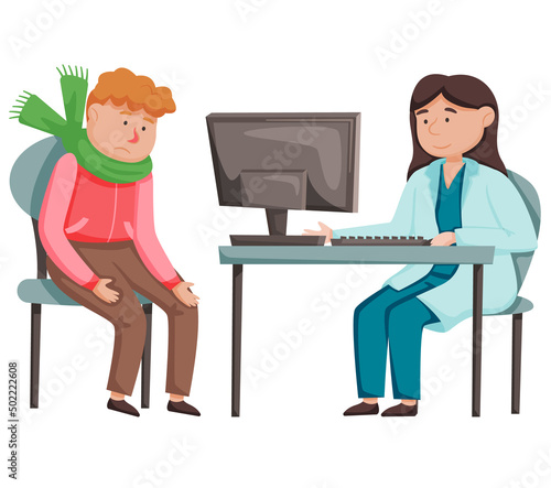 Health care, medical examination, patient at doctors appointment. Man with sore throat in therapists office. Female doctor examines sick person in hospital, treats illness boy with pathologies
