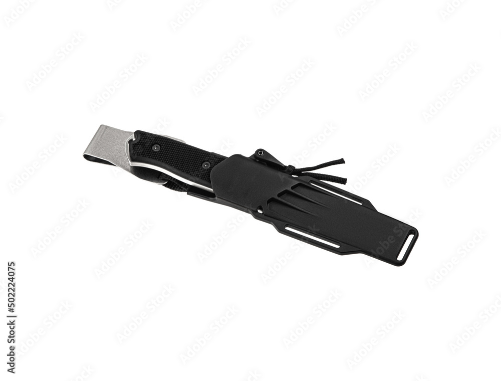 Modern hunting knife with silver blade and rubber handle. Steel arms. Isolate on a white back Modern hunting knife with silver blade and rubber handle. Steel arms. Isolate on a white back