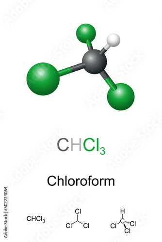 Chloroform, trichloromethane, ball-and-stick model, molecular and chemical formula. CHCl3, organic compound, powerful anesthetic, euphoriant, anxiolytic, sedative, precursor to PTFE and refrigerants. photo