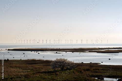 Wind turbines park in Oresund outside Malmo, Sweden photo