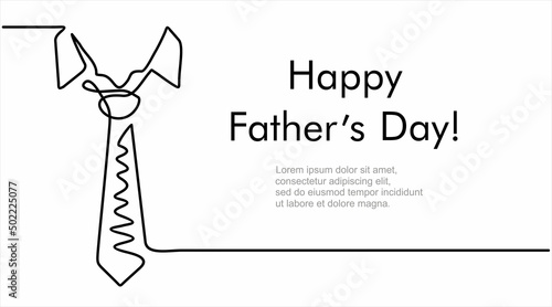 One continuous single line drawing of a lettering Happy Father's Day with tie. Concept Father's Day card minimalism style. Vector illustration
