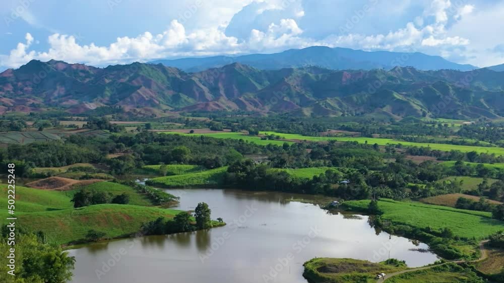Aerial Orbit shot of a lake with mountains as background Aerial Orbit shot of a lake with mountains as background