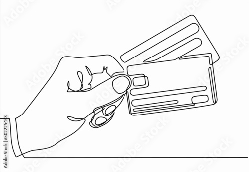 Continuous one line drawing of hand holding credit cards. 