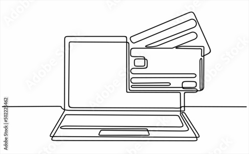 one line drawing of laptop computer with credit cards as business concept of online shopping. Can used for logo, emblem, slide show and banner.