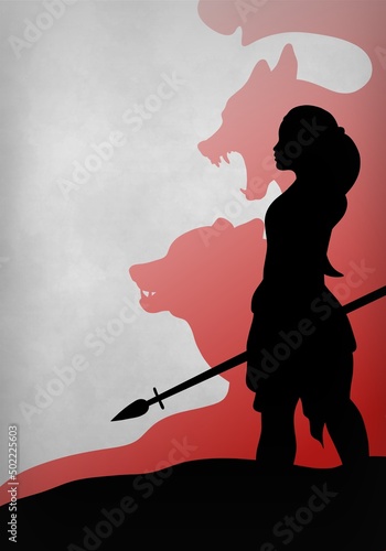 Woman warrior and the wolves. Fantasy silhouette art