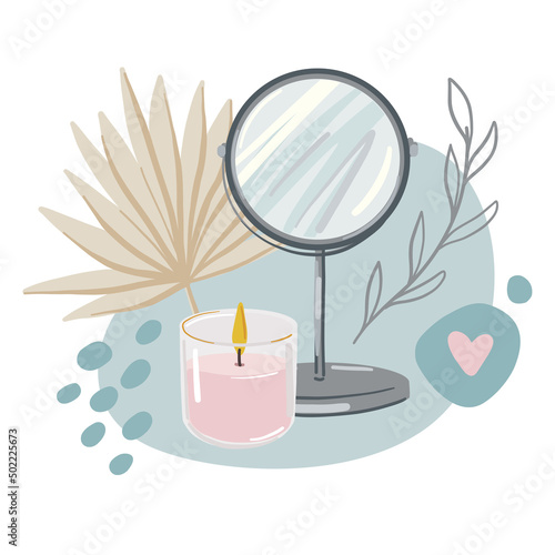 Bedside table composition. Mirror, candle and palm leaves - stylish and trendy boudoir illustration, vector. 