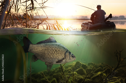 Fishing background. Close-up shot of a fish hook under water.	
 photo