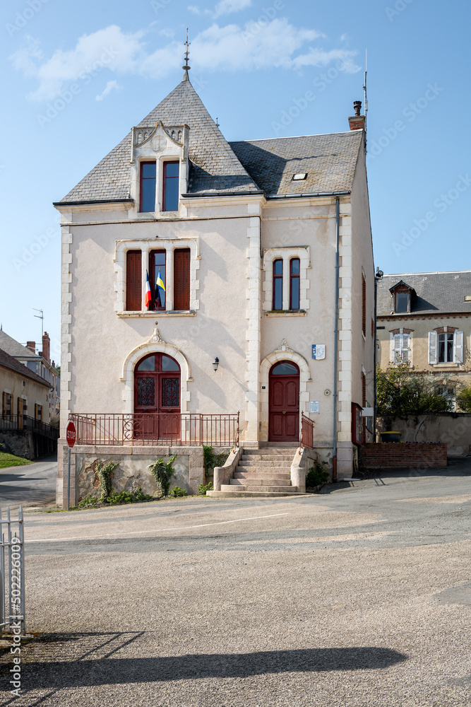 Village hall of La Chapelaude with the French and Ukrainian flags, Allier, France